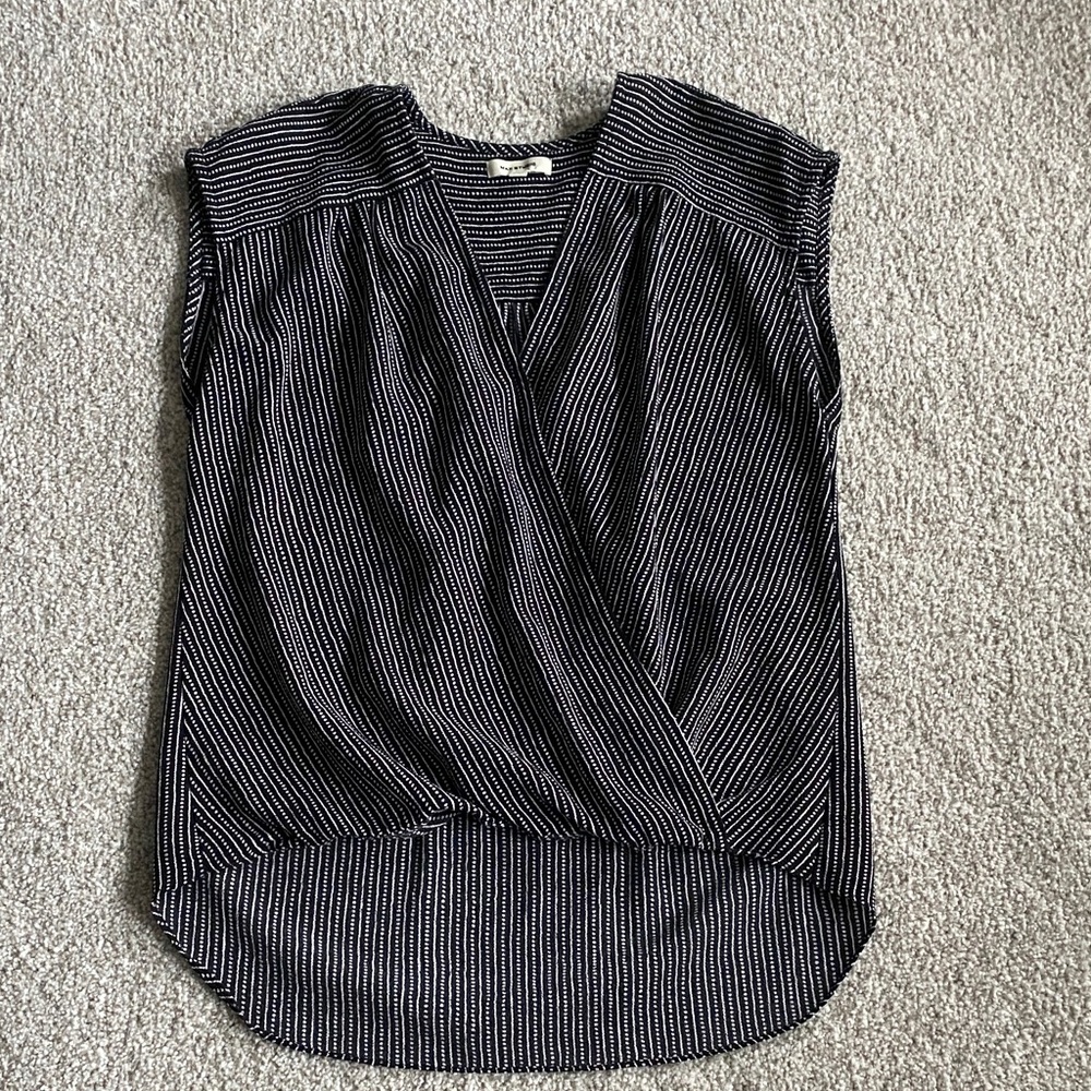 Max Studio Black and White Striped Sleeveless Wrap-Front Top